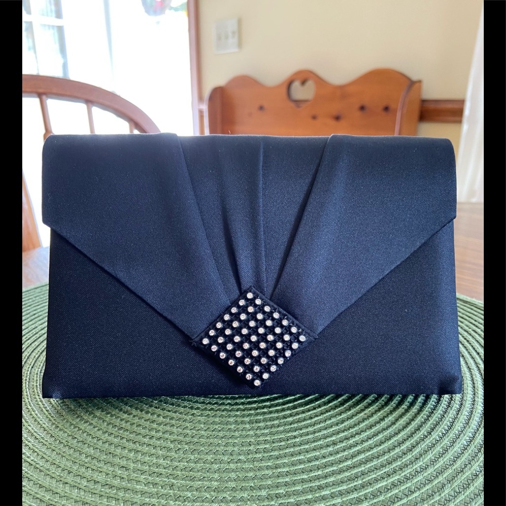 Black Satin Envelope Shoulder/Clutch Satin Cord Strap Rhinestone Evening Purse
